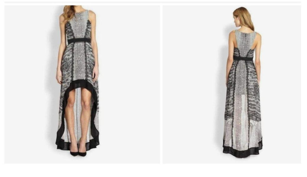 BCBGMAXAZRIA Dress Women's 4 Black White Sienna Hi Lo Maxi Sleeveless Snakeskin